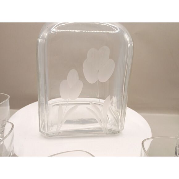 Vintage Etched Flower Clear Crystal Decanter and 5 Etched Shot Glasses - Picture 6 of 10